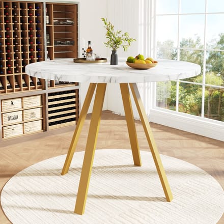 REDOM Elegante Ronde Eettafel (Ø 80 cm) - Moderne Eetkamertafel met Marmerlook & Gouden Poten - Wit