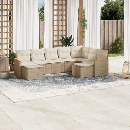 vidaXL - 9-delige - Loungeset - met - kussens - poly - rattan - beige