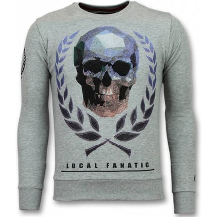 Doodskop Trui - Skull Rhinestone Heren Sweater - Grijs
