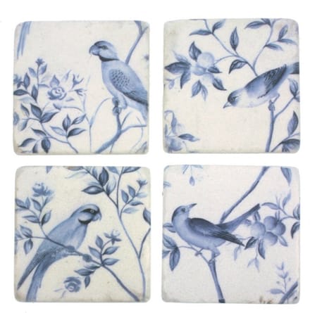 Onderzetters Vogels blauw/wit, s/4 9,8x0,7x9,8cm