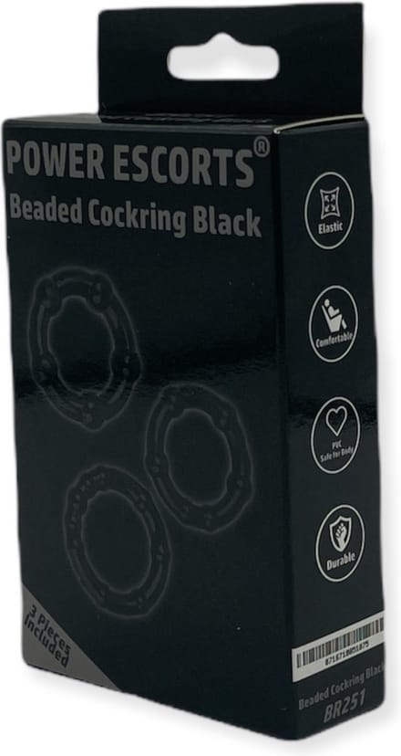 Power Escorts 3 Pack beads Cockring - Super rekbaar - Small / Medium / Large - Zwart