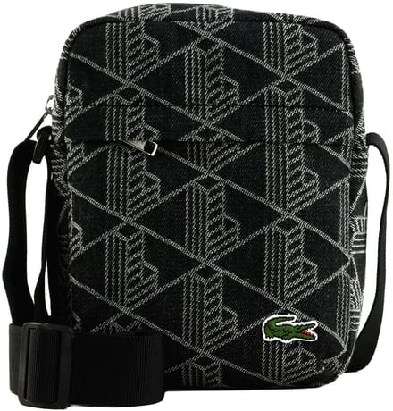 LACOSTE schoudertas Vertical Camera Bag Mono Jacquard Denim Noir zwart
