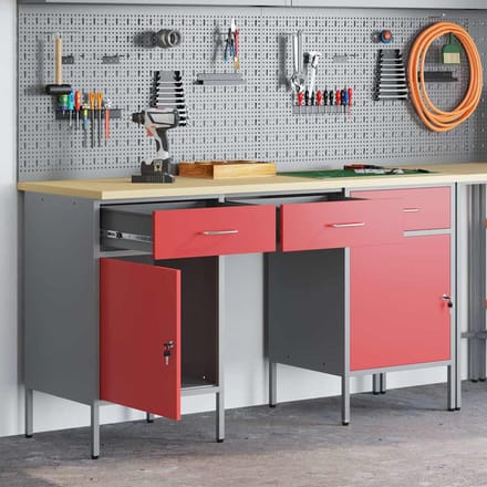 vidaXL - Werk - Cabinet - 3 - st - Rood - en - Grijs - Engineered - hout - en - staal