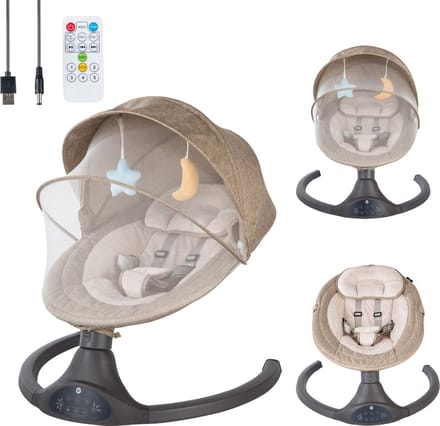 Bebies First Elektrische Wipstoel/ Schommelstoel Met Bluetoothfunctie Relax Met Kap & Speelboog - Beige
