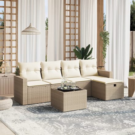 vidaXL - 6-delige - Loungeset - met - kussens - poly - rattan - beige
