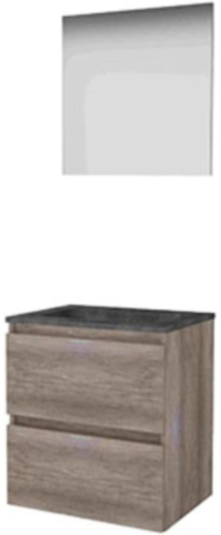 Basic-Line Basic 46 Badkamermeubelset - 60 x 46 cm - Greeploos - 2 Lades - Hardstenen Wastafel - 1 Kraangat - Spiegel - Scotch Oak