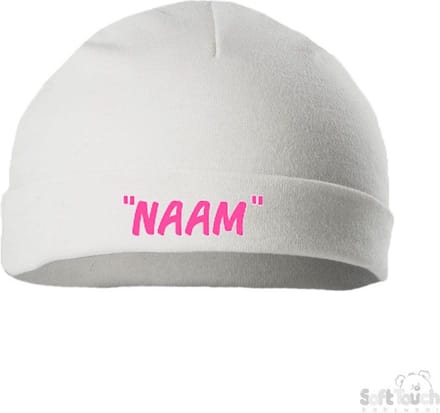 Soft Touch Mutsje Rolmutsje Bedrukt "Met Eigen Naam"Lettertype BONOCO Wit/roze Maat 0-3 maanden Maat 56/62