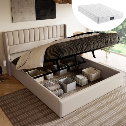 MODENUIT Gestoffeerd bed 140x200 cm – Hydraulische opbergruimte – Lattenbodem – Met matras – Linnen – Beige