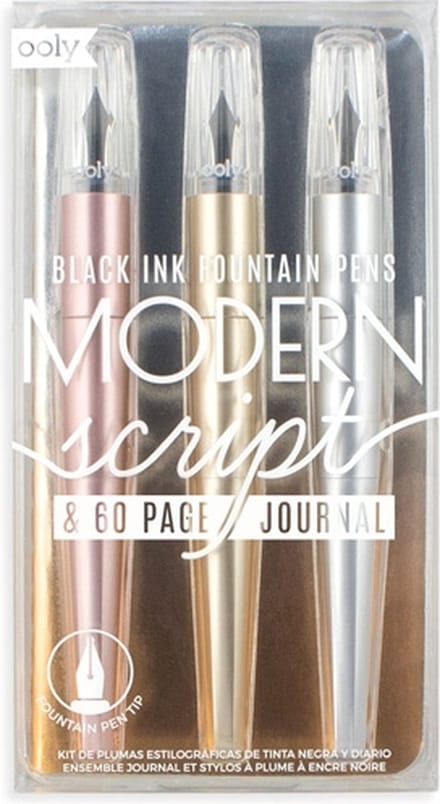 Ooly - Modern Script - Vulpennen & notitieboekje - 3 Stuks - Zwart schrijvend (Goud, roségoud & zilver)