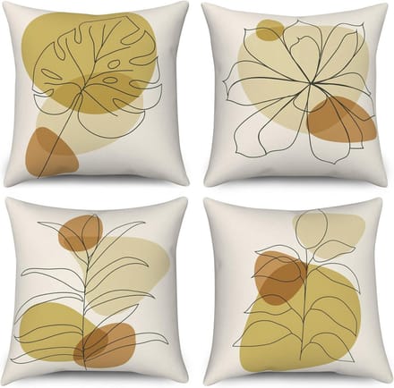 Set van 4 Boho Kussenslopen 40x40 cm – Modern Abstracte Decoratie met Bladeren en Zon – Wasbare Polyester en Vlas Textiel
