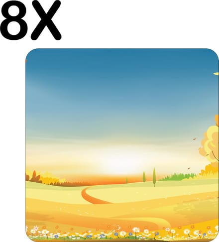 Luxe Placemat - Getekend - Rustgevend Herfst Landschap - Set van 8 Placemats - 50x50 cm - 2 mm dik Vinyl - Anti Slip - Afneembaar