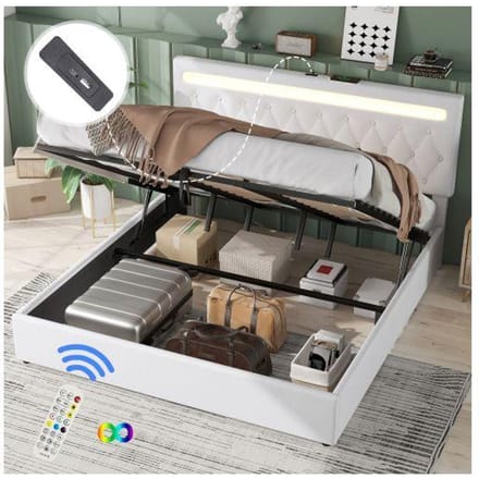 Lit - MUVOE - 180x200 cm - Lumière d'ambiance LED - Télécommande - Port USB - Blanc blanc