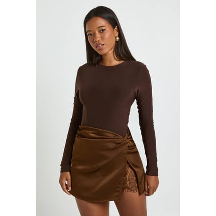 boohoo Dames Satijnen Mini Rok met Kant Inzet | Chocolate | Maat: 6