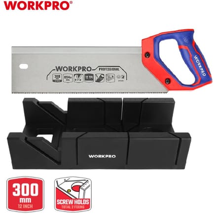 WORKPRO Verstekzaag + Verstekbak 300 mm Set – 65Mn Zaagblad – 45° & 90° – Precisie Hout & MDF – WP215014 + WP215029