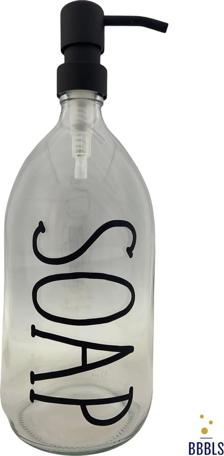 BBBLS® Design Dispenser "Soap" | Transparant Glas | 1 liter | RVS / Metaal Pomp Zwart | Zeeppomp | Zeepdispenser | Zeephouder