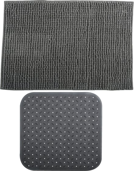 MSV Douche anti-slip mat en droogloop mat - Sevilla badkamer set - rubber/microvezel - donkergrijs