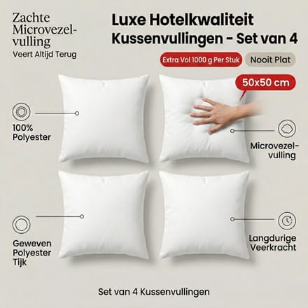 Set van 4 | BINNENKUSSEN - 50x50 cm | 1000 gram/stuk | Kussenvulling | 100% Polyester | Vulling - Microvezel