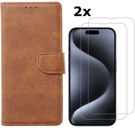Hoesje Geschikt voor iPhone 15 Pro hoesje bookcase met 2x screenprotector – Bruin