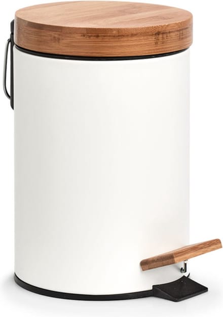 Zeller prullenbak/pedaalemmer - metaal - bamboe hout - 3L - wit - 17 x 24 cm