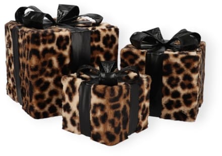 Daan Kromhout – Pluche Cadeautjes – Panterprint - Cadeautjes – Set/3 – Met ledverlichting – Kerst – Kerstdecoratie