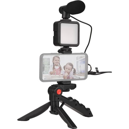Smartphone Vlog Kit Mini LED Videolamp + Cardioïde Microfoon + Uitschuifbare Telefoonclip + Statief zwart
