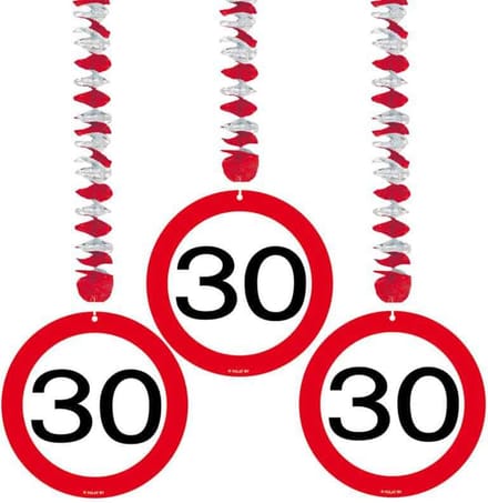 30 Jaar Verkeersbord Hangdecoratie - 3 stuks