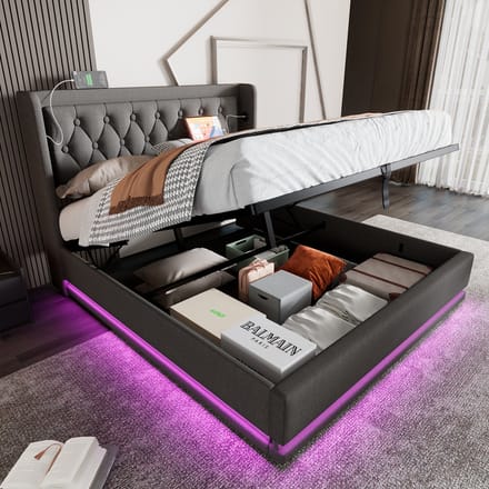 MODFU Bedframe 180x200 cm – Katoen met getuft wingback hoofdbord & LED – Hydraulisch – Grijs