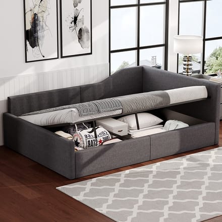 Komhtom Gestoffeerd rustbed 140x200 met opbergruimte onder het bed, grijs