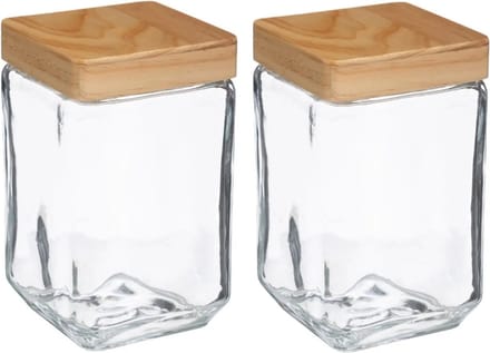 5Five voedsel/spullen voorraadpot - 2x stuks - Glas met houten deksel - 1700 ml - Met luchtdichte sluiting