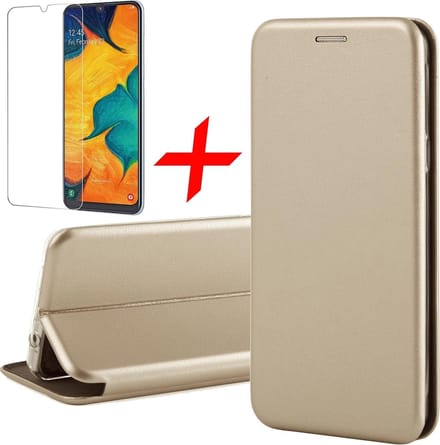 Hoesje geschikt voor Samsung Galaxy A30 - Screen Protector GlassGuard - Book Case Kunstleer ThinShield Goud & Screenprotector