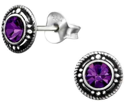 Joy|S - Zilveren Bali classic oorbellen - 7 mm - paars kristal - geoxideerd