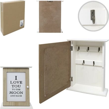 Concorde Sleutelkastje Love design - hout - bruin/wit - 25,5 x 20 cm - 5 sleutelhaakjes