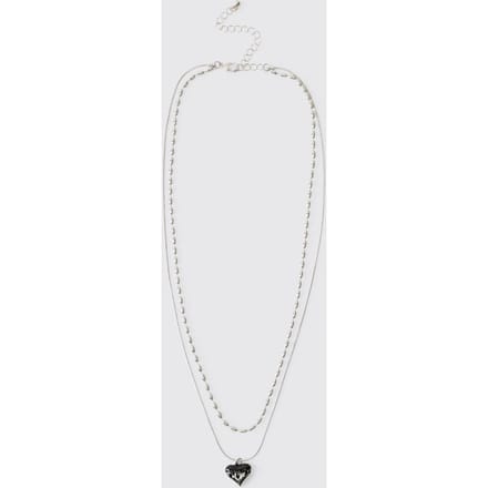 Double-Layer Silver Necklace with Black Molten Heart