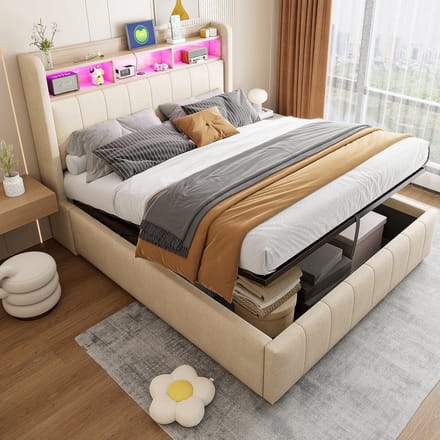 PHOEBE CAT Gestoffeerd bed - 140×200 cm - LED-verlichting - USB/Type-C - Opbergruimte - Linnen - Beige