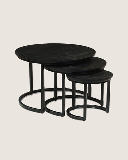 Salontafel Set van 3 Mangohout – Rond – Zwart – Industrieel