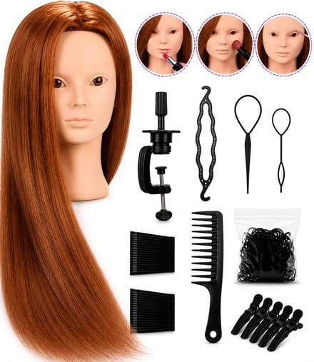 Kappershoofd Oefenhoofd Kapperspop 80% Echt Haar met Statief en Accessoires - Kappers Pop - Bruin Haar - 60 cm