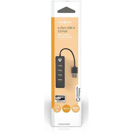Nedis USB-Hub - USB-A Male - 4x USB A Female - 4-Poorts poort(en) - USB 2.0 - USB Gevoed