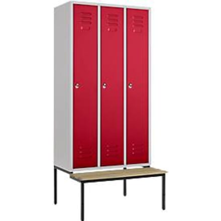 Kledinglocker, 3 compartimenten, 300 mm, draaigrendelslot, zitbank Deur robijnrood