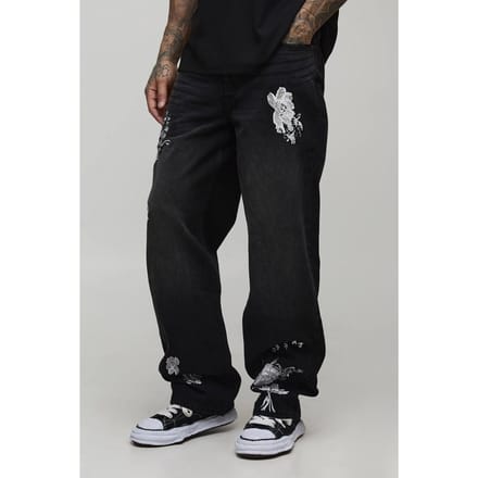 Hoge Relaxte Stijve Bloemen Geborduurde Jeans | Washed Black | Size 36