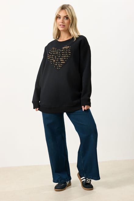 Yours Zwarte Sweater Met Lange Mouwen En Hart In Luipaardprint Size 48