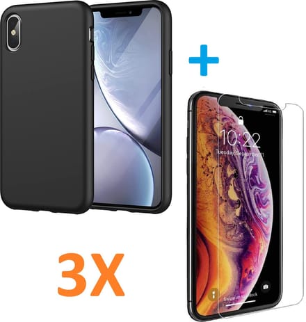 Soft TPU Zwart hoesje Silicone Case + 3 stuks Glas Screenprotector - Geschikt voor: iPhone XS Max