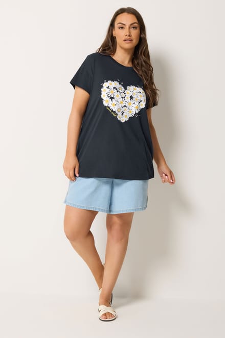 Yours Marineblauw Tshirt Met Madeliefjes En Hartjesprint Size 48