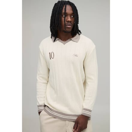 Lange Regular Fit Geribbelde Gebreide Polo Met V-hals | Ecru | Size 2XL