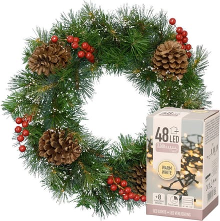 Decoris Kerstkrans 50 cm - sneeuw - verlichting warm wit - 48 lampjes - 4 meter snoer