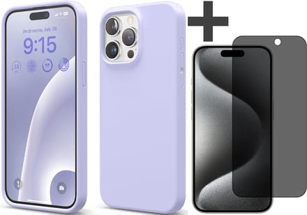 Hoesje met Privacy Screenprotector Geschikt voor iPhone 15 Pro Max Hoesje Siliconen - liquid case - Arara Backcover - Lila