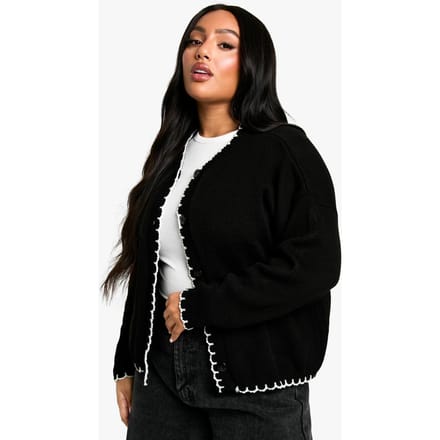 boohoo Dames Plus Blanket Stitch gebreide crop cardigan | Zwart | Maat: 52