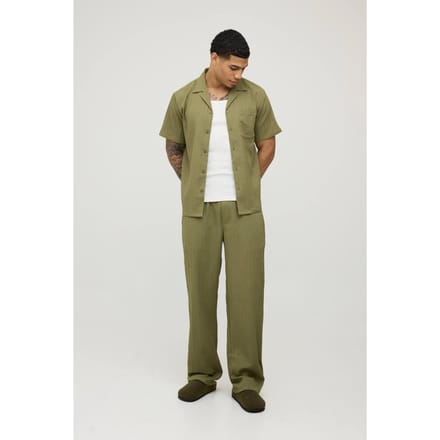 Regular Fit Shirt En Broek Set Met Diepe Revers En Onregelmatige Plooien | Olive | Size Medium