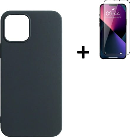 Hoesje Geschikt voor iPhone 13 Pro Max - Screenprotector iPhone 13 Pro Max - Siliconen - iPhone 13 Pro Max Hoes Zwart Case + Full Tempered Glass