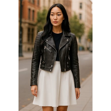 Dames zwarte cropped Brando leren bikerjack - Durban