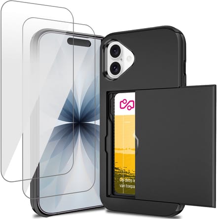 Hoesje met Pasjeshouder geschikt voor iPhone 17 - 2x Screen Protector GlassGuard - Back Cover SlideCase Zwart & Screenprotector